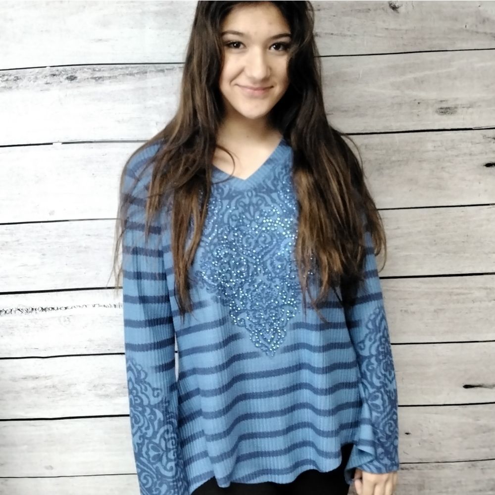 One World Tunic Top Knit Blue Rhinestone Sparkle Sz XS Boho Sparkle Cottagecore